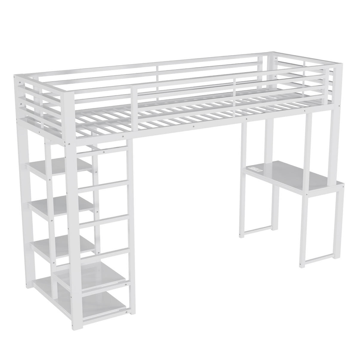 HOCHBETT Metall & MDF 90x200 cm Weiß mit Schreibtisch, Regalen und Kleideraufbewahrung - Weiß, Holzwerkstoff (90/200cm) - Modfu