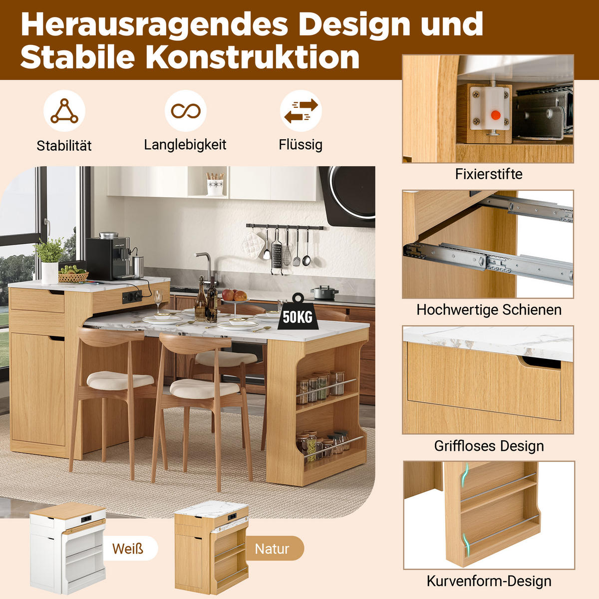 KÜCHENINSEL ausziehbar 55-153/80/93 cm DE-39575 Natur - Naturfarben, Holzwerkstoff (80/93/56.2cm) - ComfortXL