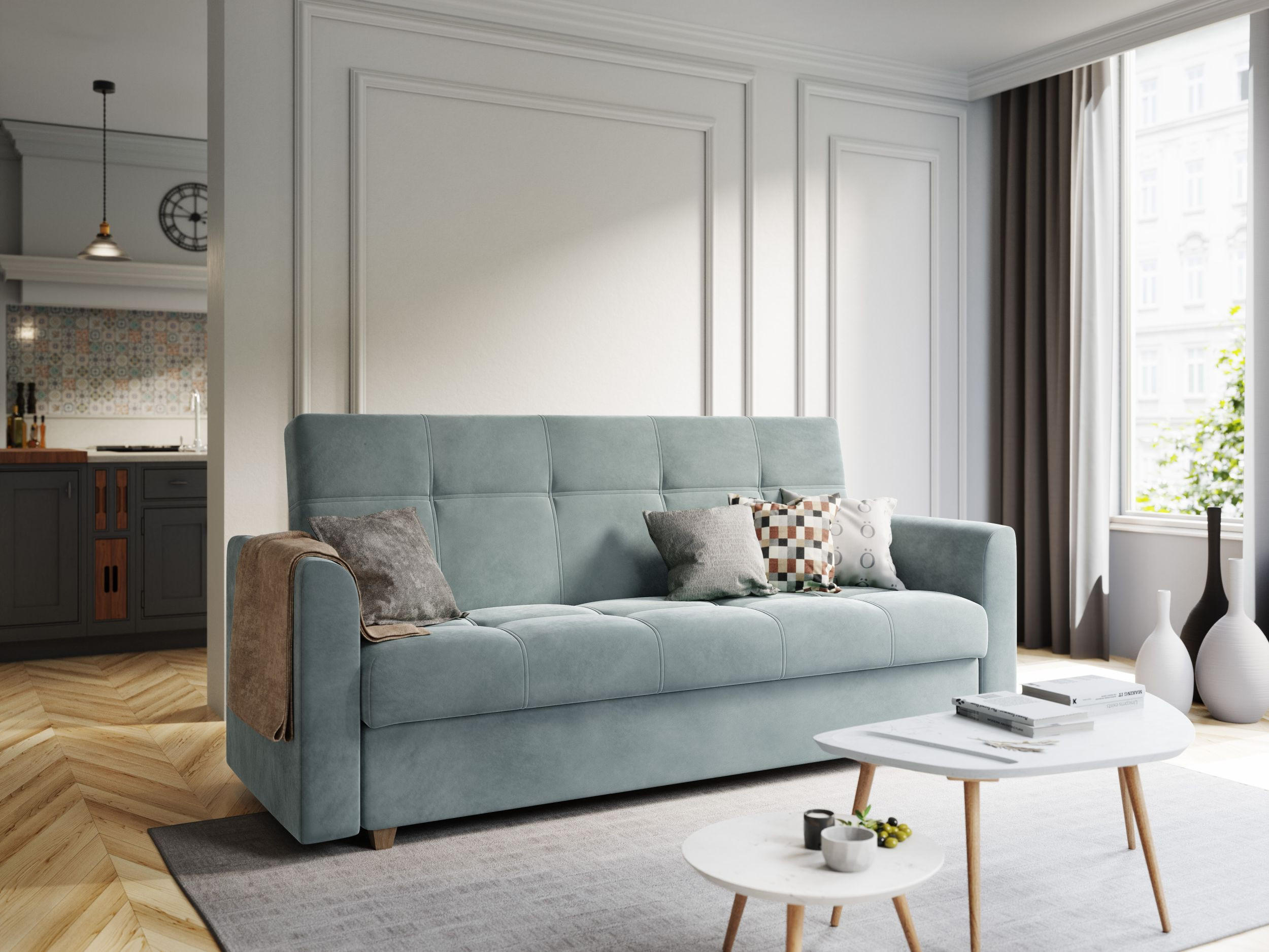 SOFA LENTO mit Schlaffunktion ITAKA 50 mit Stauraum - Hellgrau, Textil (87/95/216cm) - Bedante