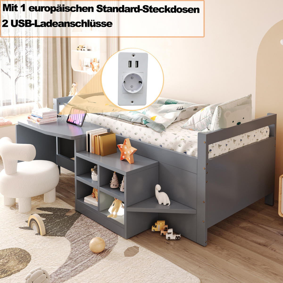 BETT 90/200 cm aus Holz mit Schreibtisch und Stauraum Grau - Grau, Holz (90/200cm) - OKMYHOME