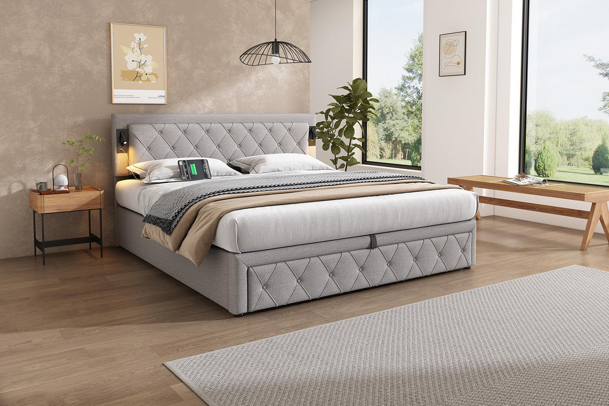 ČALOUNĚNÁ POSTEL 180/200 cm v šedé barvě s úložným prostorem, osvětlením a USB - šedá, kov/kompozitní dřevo (180/200cm) - CHICFURN