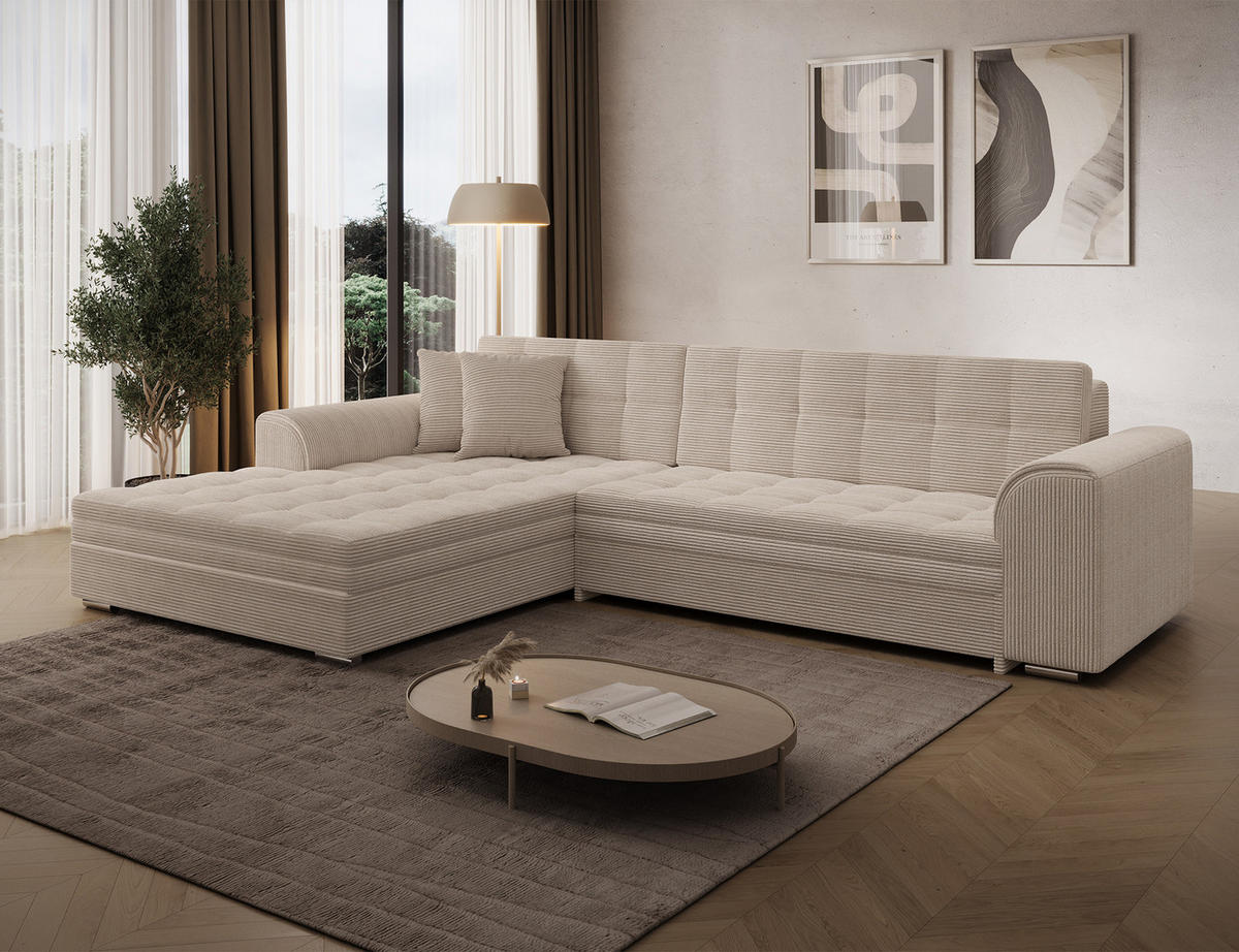 ECKSOFA SORENTO mit Schlaffunktion & Delfin-Mechanismus – Wohnlandschaft in L-Form 296 cm - Beige, Kunststoff (296/78cm) - Wohnideebilder
