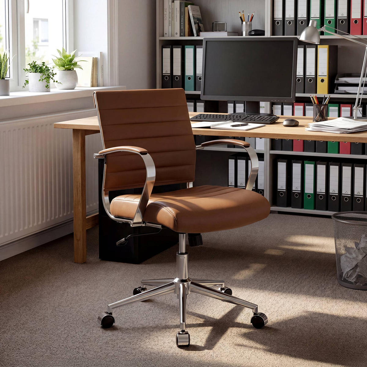 KONTORSSTOL Oakland - Kromfärg/Ljusbrun, Läder/Textil (57/90/62cm) - CLP