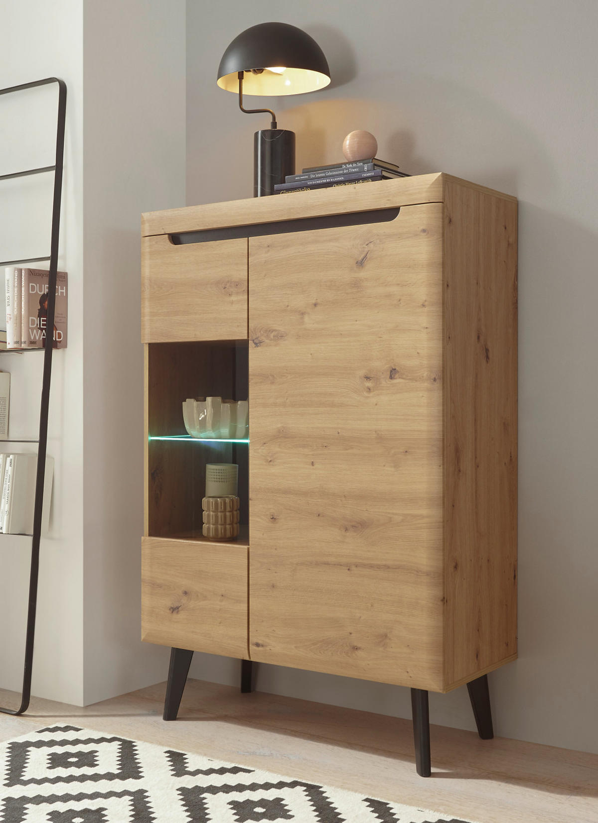 VITRINE Eiche Artisan, schwarz 90 cm, Highboard skandinavisch - Eichefarben/Schwarz, Glas/Holzwerkstoff (90/134/40cm) - Furn.Design