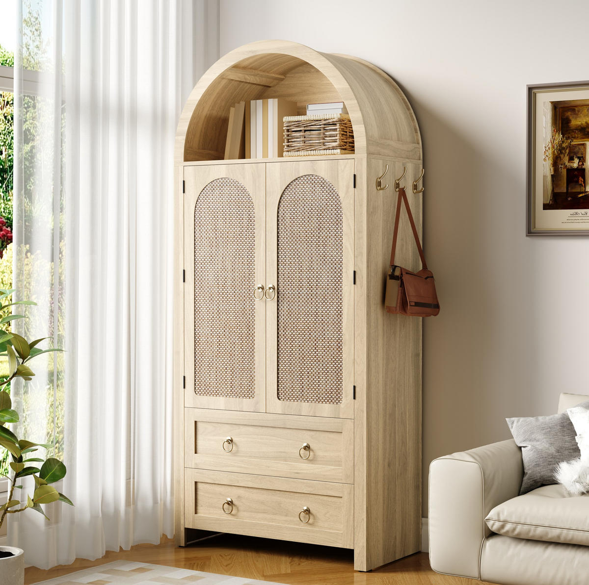 KOMMODE aus MDF 80x40x180cm in Eiche mit Rattantür & Haken - Eichefarben, Holzwerkstoff (80/180/40cm) - Modfu