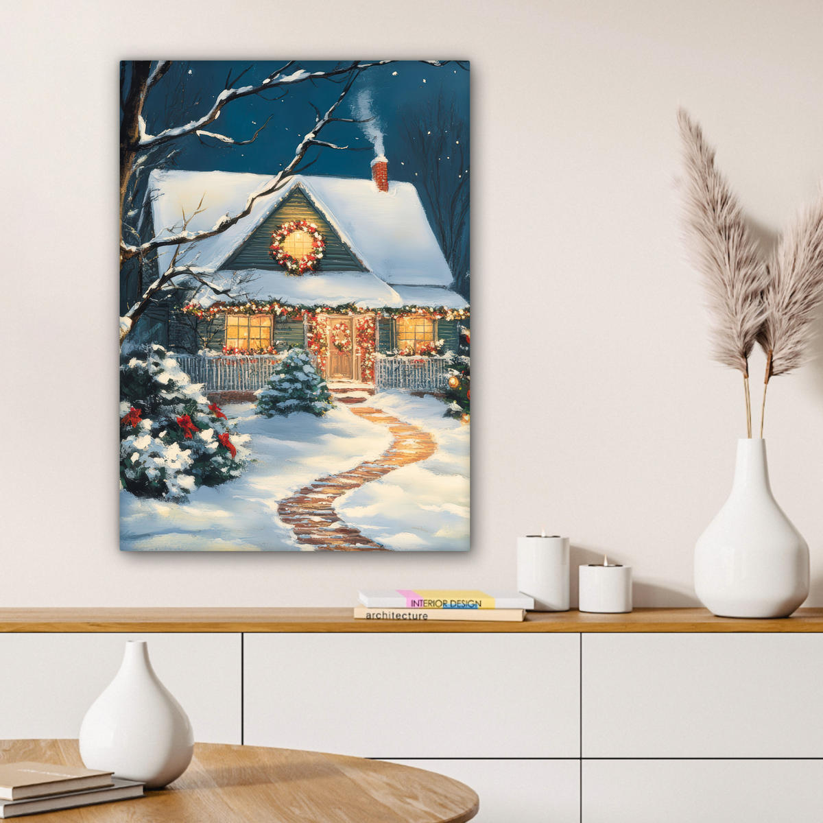 LEINWANDBILD Weihnachten - Weihnachtsbaum - Winter - Zuhause - Schnee 60x80 cm - Smaragdgrün, Textil (60/80cm) - MuchoWow