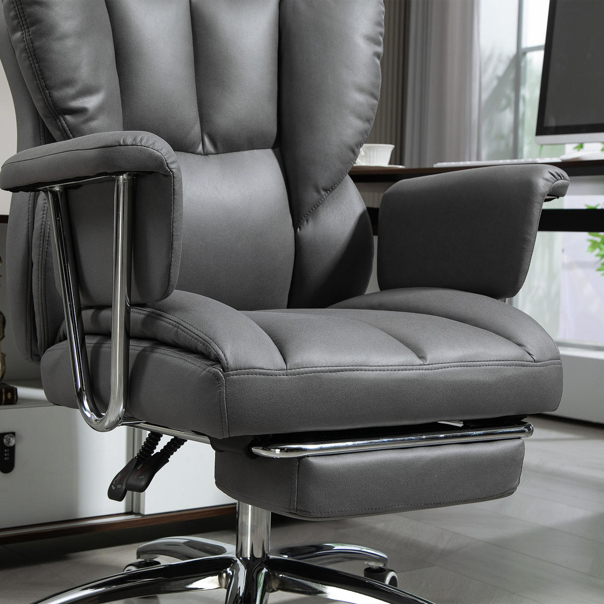 KANCELÁŘSKÁ ŽIDLE s polohovací funkcí, ergonomická kancelářská židle, otočná židle tmavě šedá - tmavě šedá/chromová, kov/textil (65/128/74cm) - HOMCOM