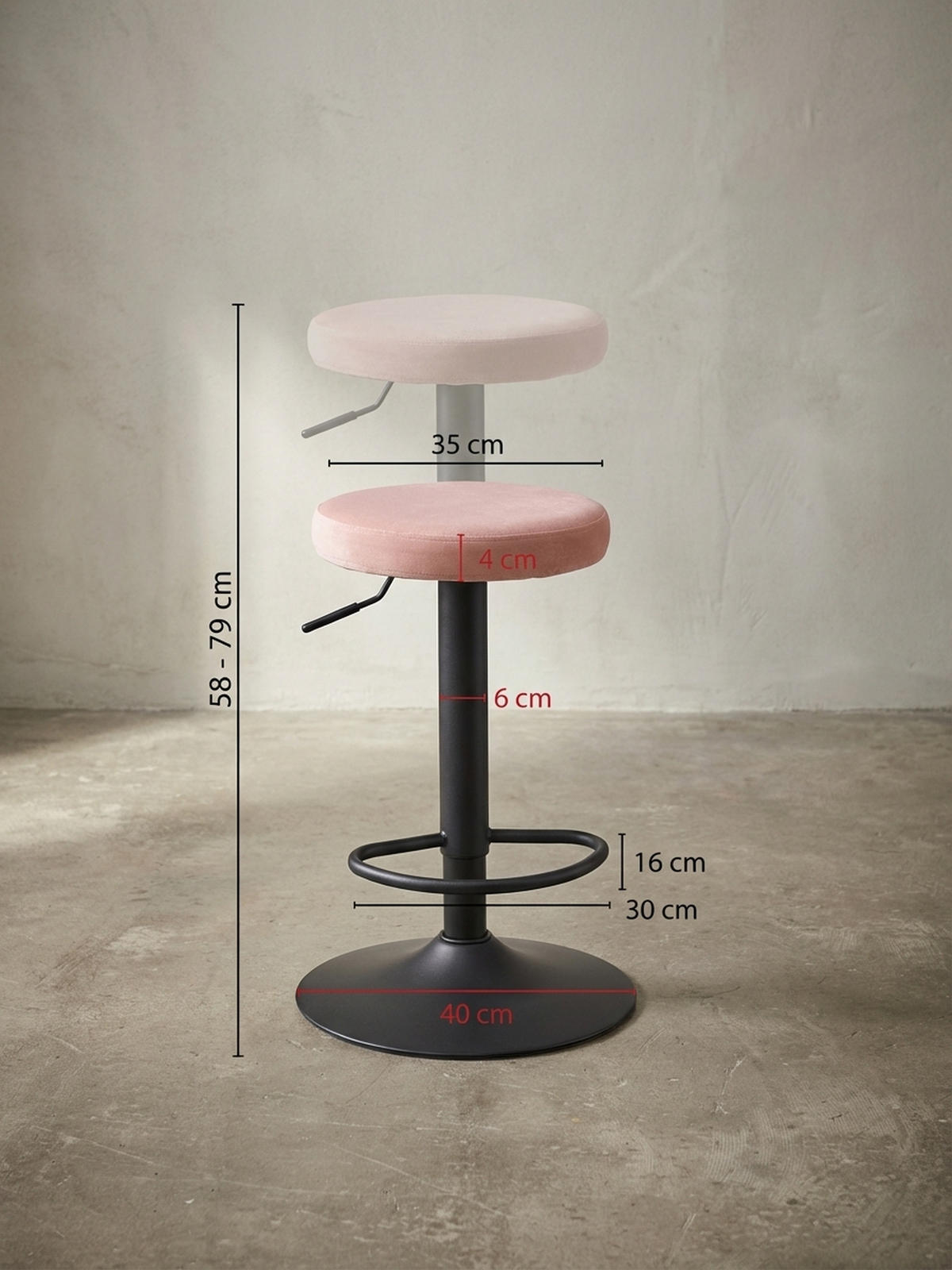 BARHOCKER Höhenverstellbar Eisen Samt Drehbar CAMPANIA, Rosa 40x40x79 cm - Pink/Schwarz, Textil/Metall (40/79/40cm) - KADIMA DESIGN