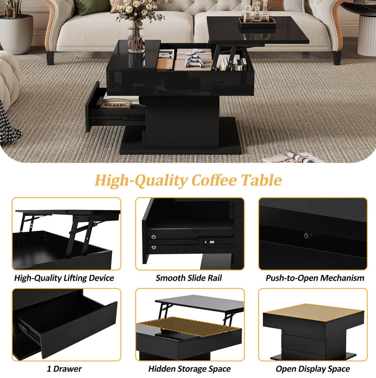 COUCHTISCH 70/70/45 cm schwarz aus Spanplatte mit Hebefunktion und 360° Drehplatte - Schwarz, Holzwerkstoff (70/70/45cm) - OKMYHOME