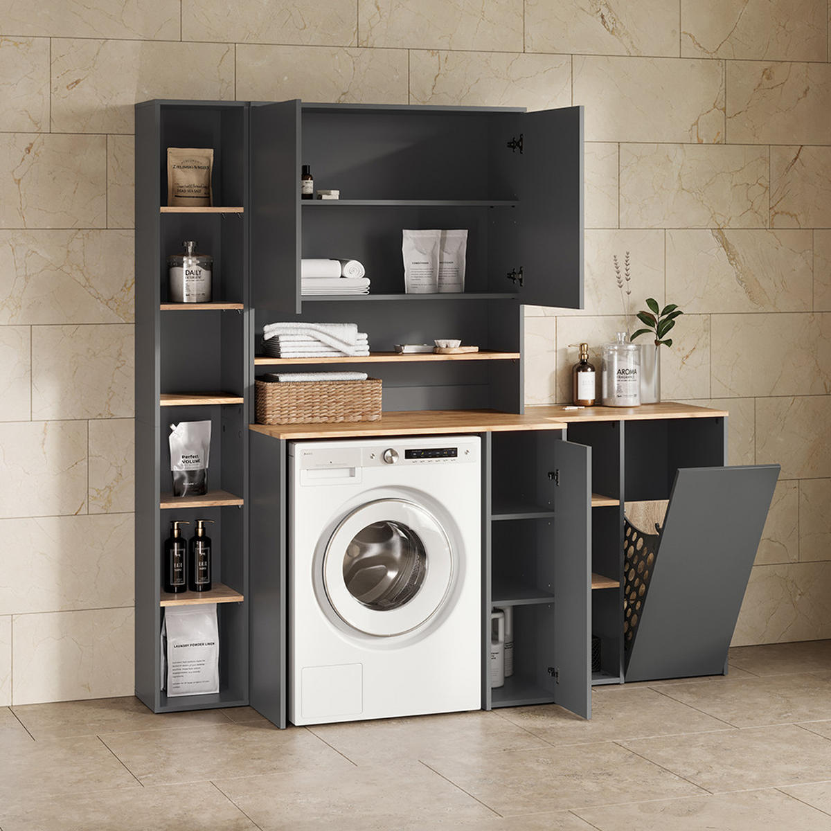 BADSCHRANK Paolina Anthrazit/Goldkraft Eiche 30 x 188.6 cm - Honigeiche/Anthrazit, Holzwerkstoff (30/188.6/27.3cm) - Livinity®