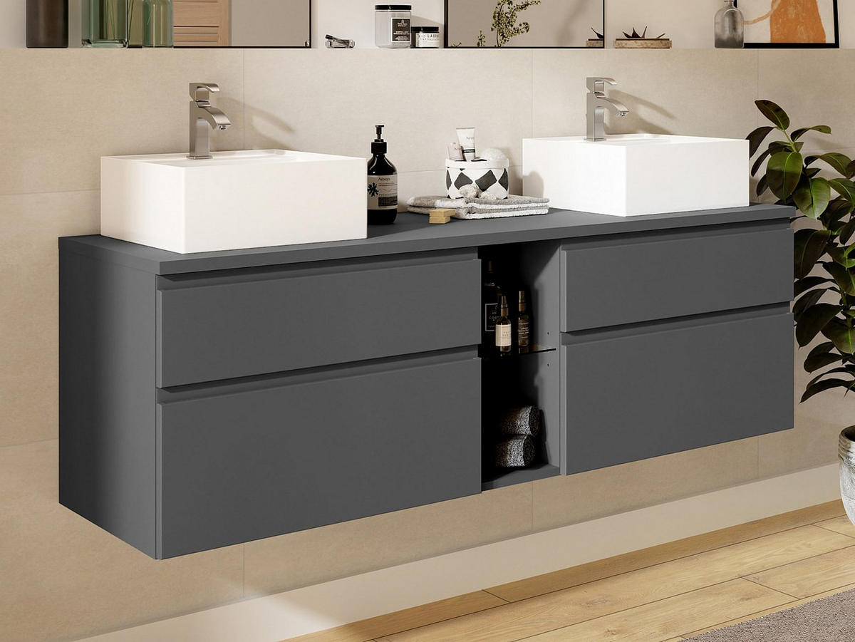 DOPPELWASCHTISCH - 150 cm x 50 cm - Holz, Platte - Grau - MAGDALENA - Grau, Holz (150/46/50cm) - Vente-Unique
