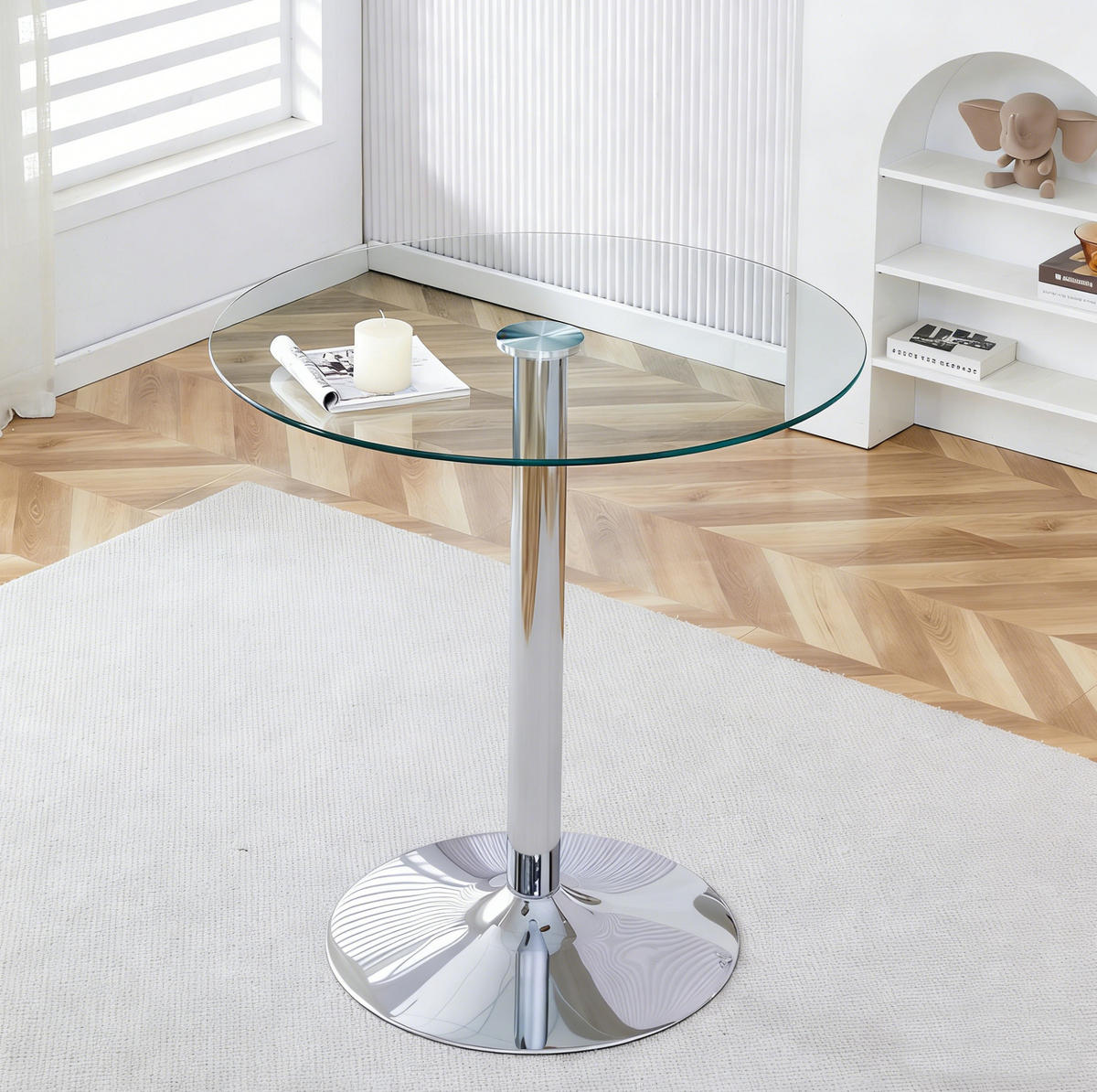 RUNDER Bartisch 89/89/92 cm mit Glasplatte und silberfarbenem Metallgestell - Silberfarben, Glas (89/89/92cm) - BEAOK