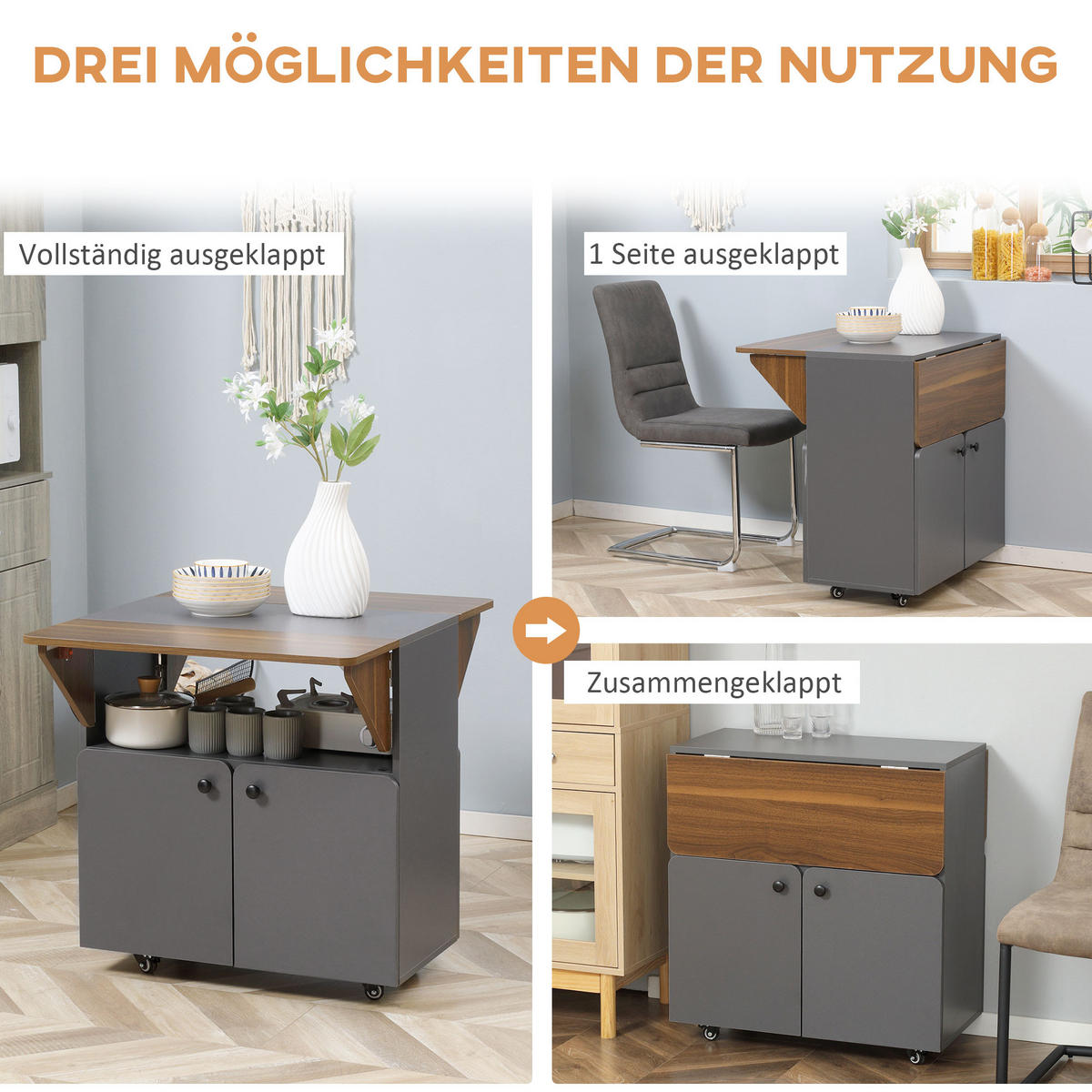 KLAPPTISCH Spanplatte Stahl Hellgrau Dunkelbraun - Hellgrau/Schwarz, Holzwerkstoff/Kunststoff (70/83/75cm) - HOMCOM