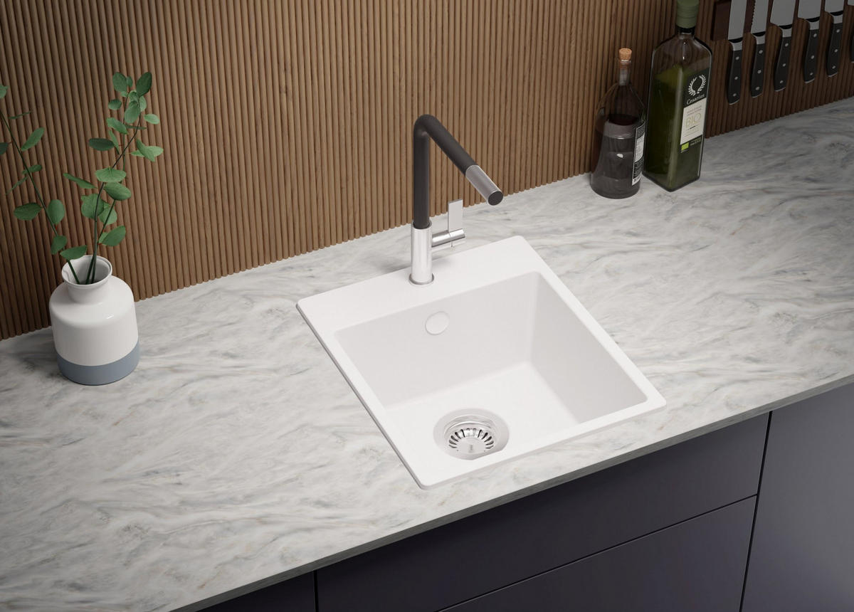 SPÜLBECKEN Riga Easy, 2-er set Weiß 38/44 cm 1 Becken + Ablauf-Set ab 40er Unterschrank - Chromfarben/Weiß, Kunststoff (38/19/44cm) - Primagran