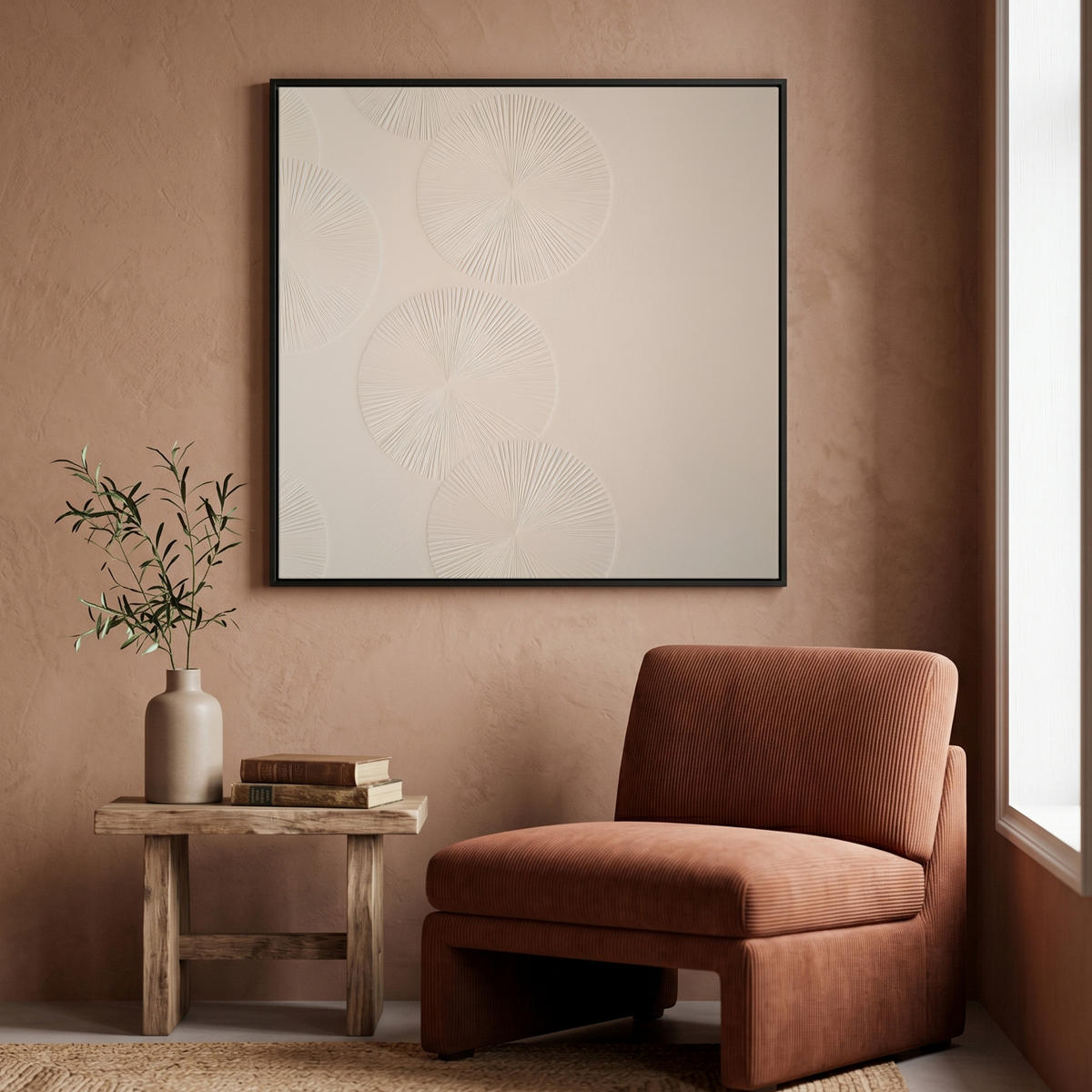 LEINWAND Bilder mit Rahmen - Japandi - Beige - Modern - 90x90 - Ecru, Textil (90/90cm) - MuchoWow