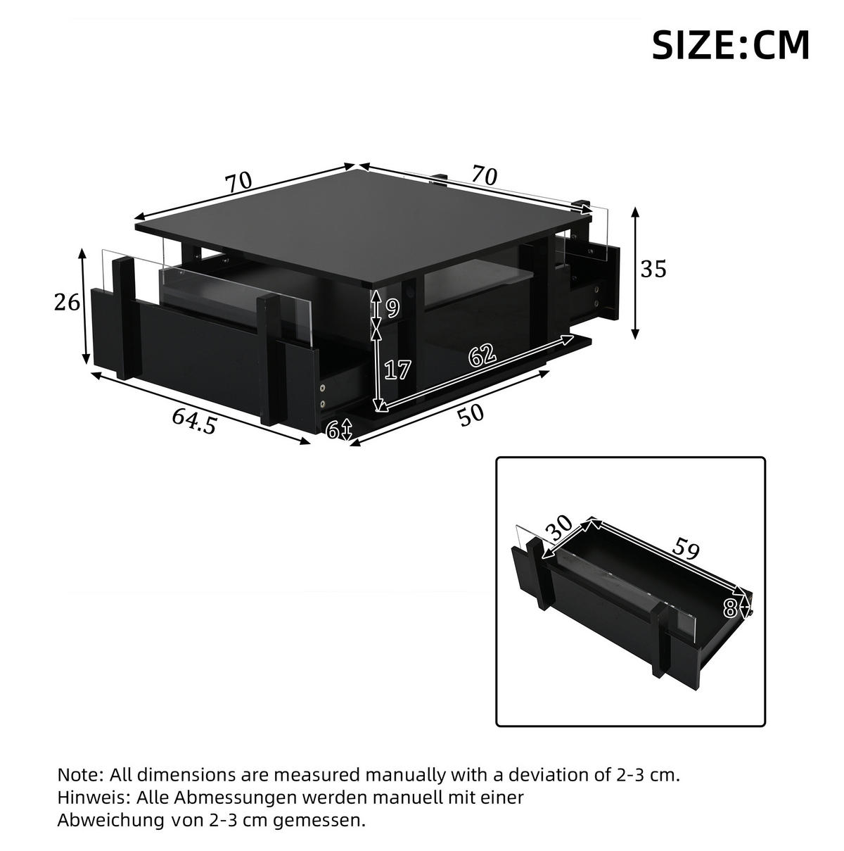 COUCHTISCH aus Spanplatte 70x70x35 cm Schwarz mit 2 Schubladen, LED-Beleuchtung und Acryl-Trennwänden - Schwarz, Holzwerkstoff (70/70/35cm) - IVMEU