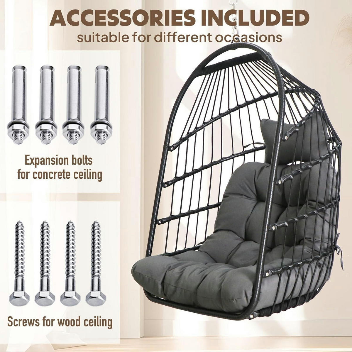 HÄNGESESSEL Rattan Korb mit Aufhängeset Schwarz - Grau, Kunststoff (73/1.5/108cm)