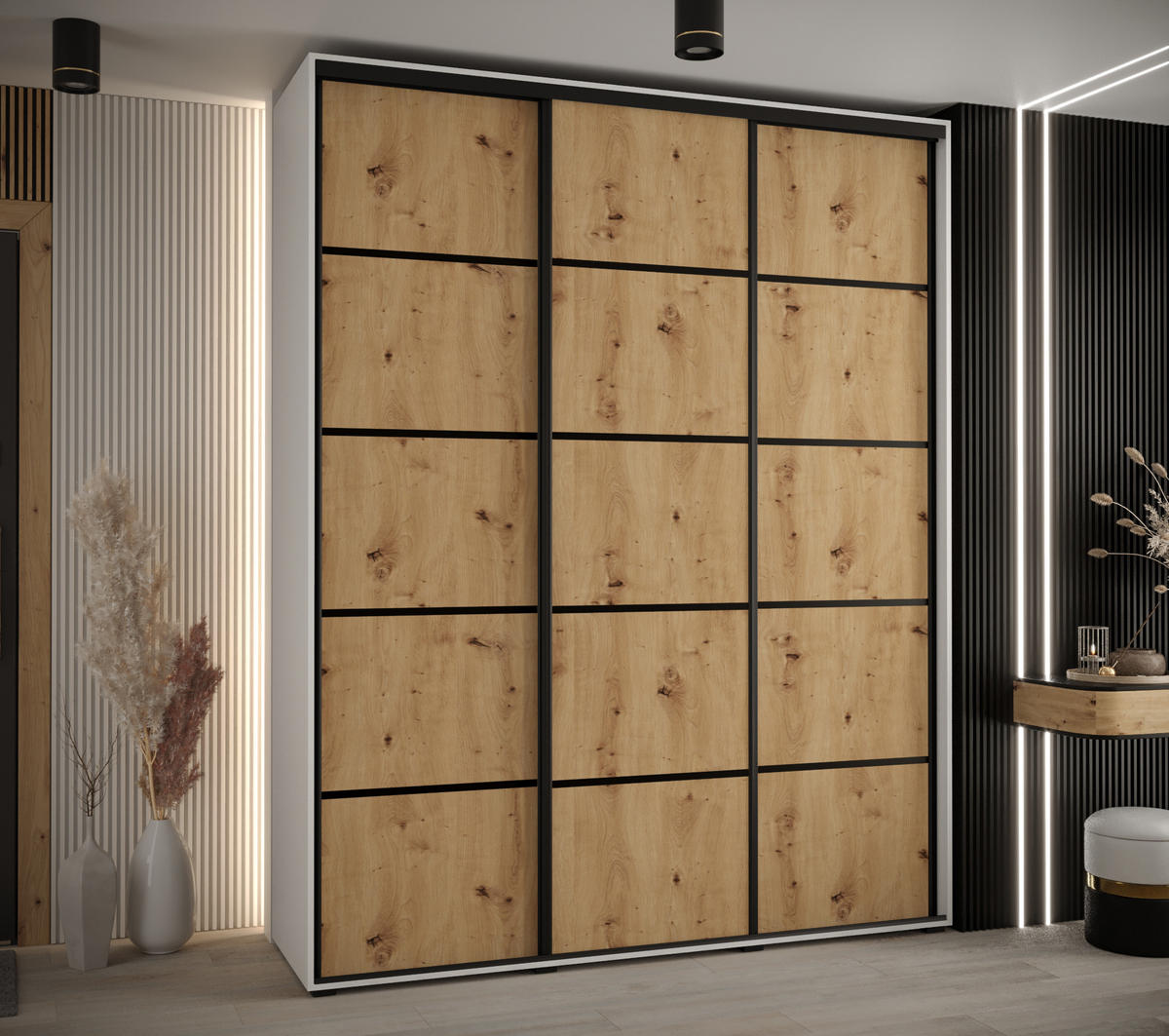 SCHWEBETÜRENSCHRANK 235,2/190/60 3-türig - Schwarz/Weiß, Holz/Metall (190/235/60cm) - Abiks Möbel