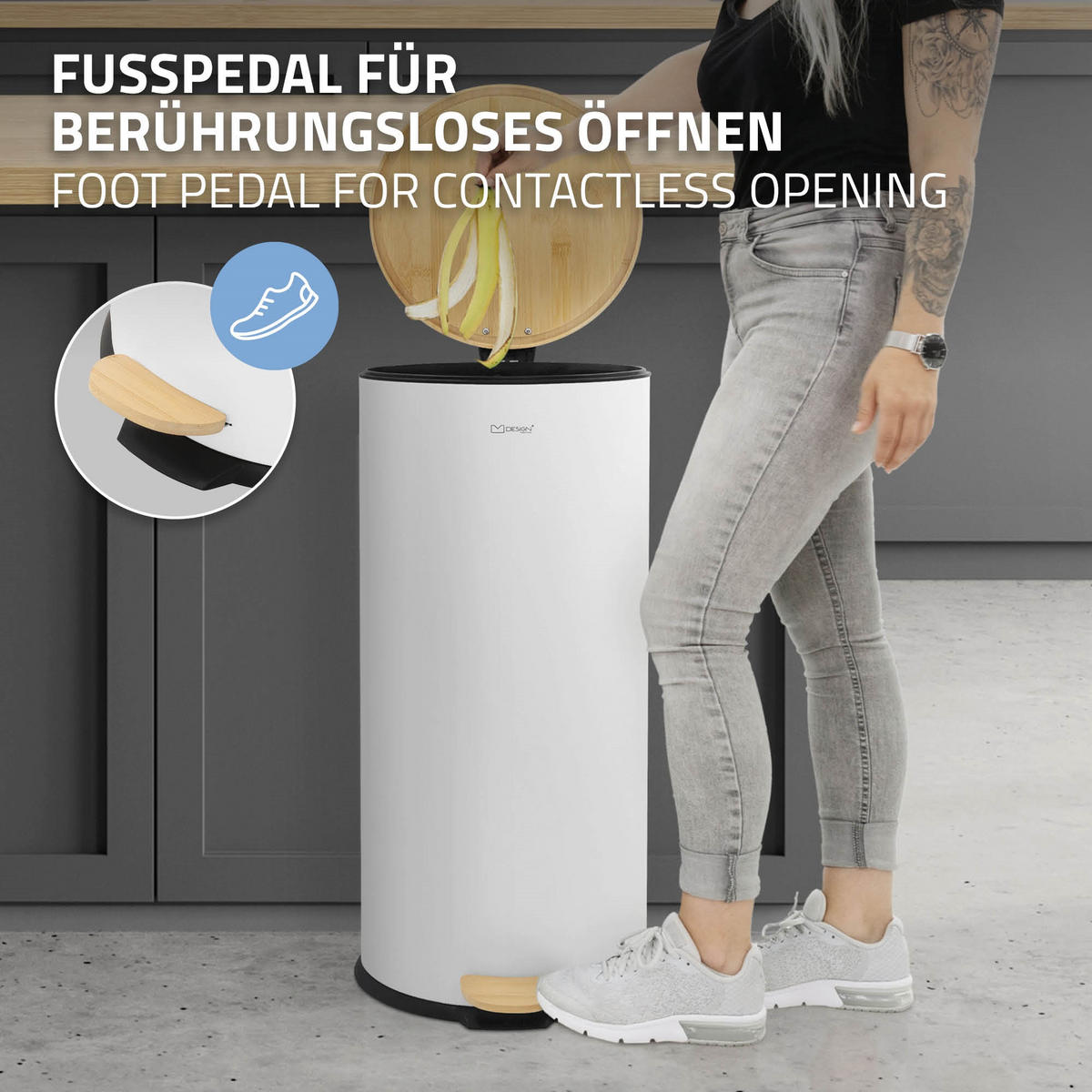 KOŠ NA ODPADKY 30 L s pedálem a bambusovým víkem, kulatý, bílý, z oceli - bílá, kov (29/62.5/37cm) - ML-DESIGN