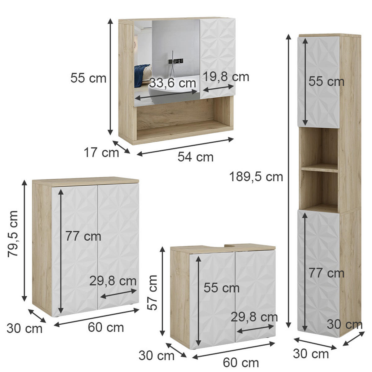 BADMÖBEL-SET Edge Weiß 4 Teile - Eichefarben/Weiß, Holzwerkstoff (60/57/30cm) - Vicco