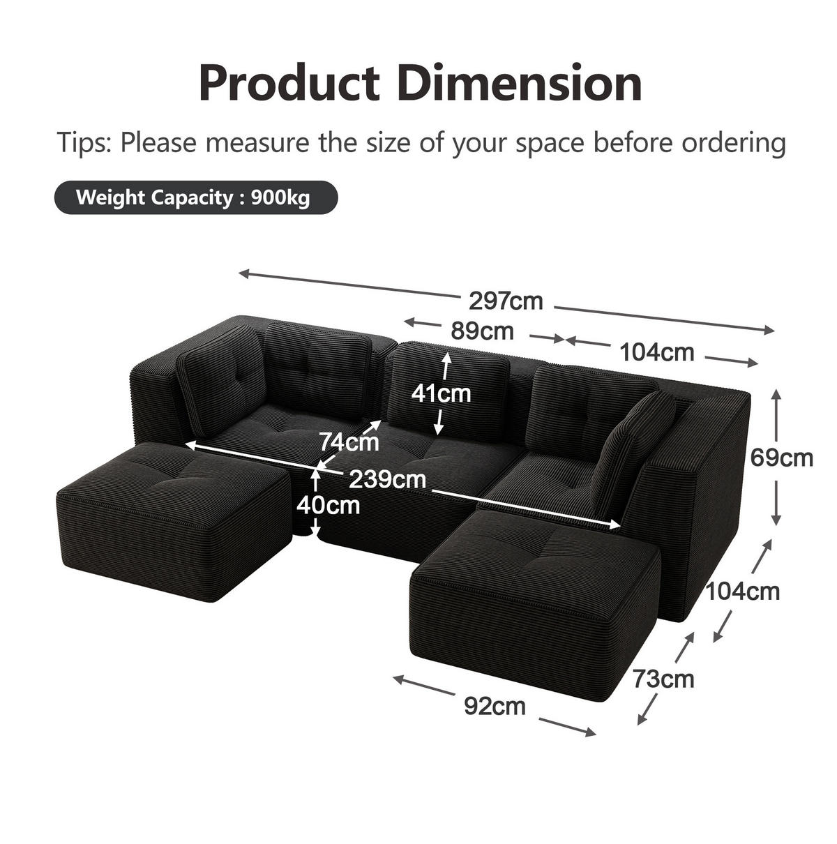 ECKSOFA modular Cord Schwarz - Schwarz, Kunststoff (177/69/297.1cm) - Meubliv