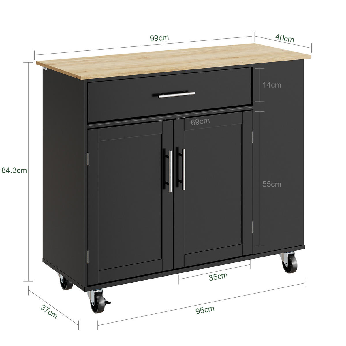 KUCHYŇSKÝ vozík s dřevěnou deskou a úložným prostorem - barva javoru, kožešina (99/84.3/40cm) - SoBuy