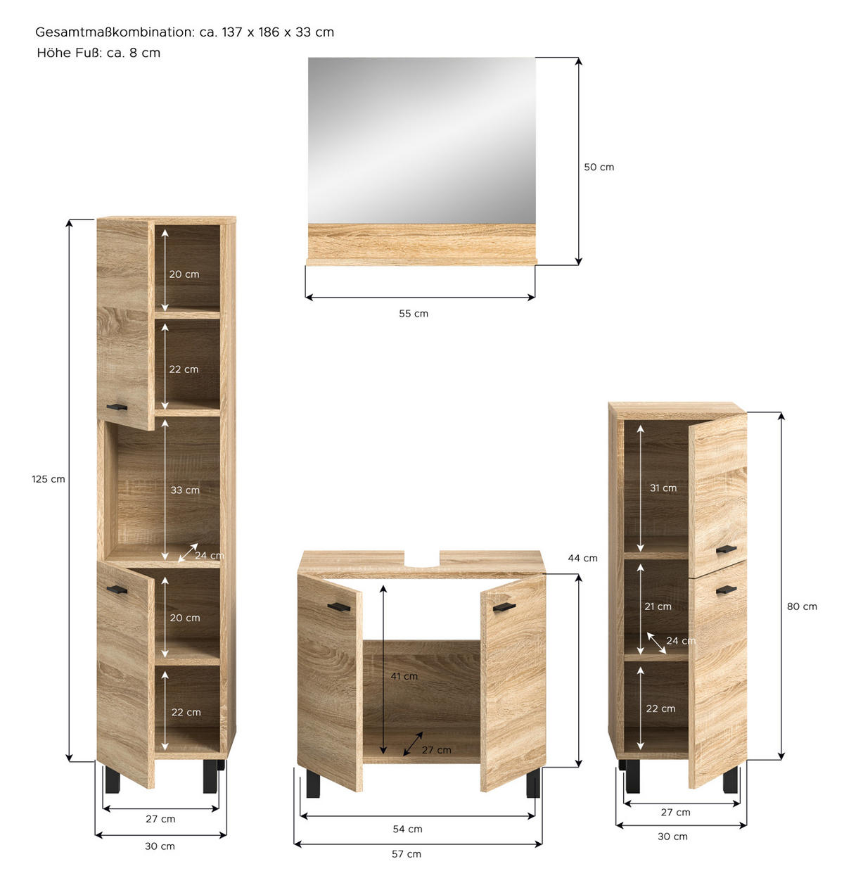 BADMÖBEL-SET Eiche 4-teilig 140 cm, Komplettset hängend oder stehend - Eichefarben, Glas/Holzwerkstoff (137/186/33cm) - Inn.Furn