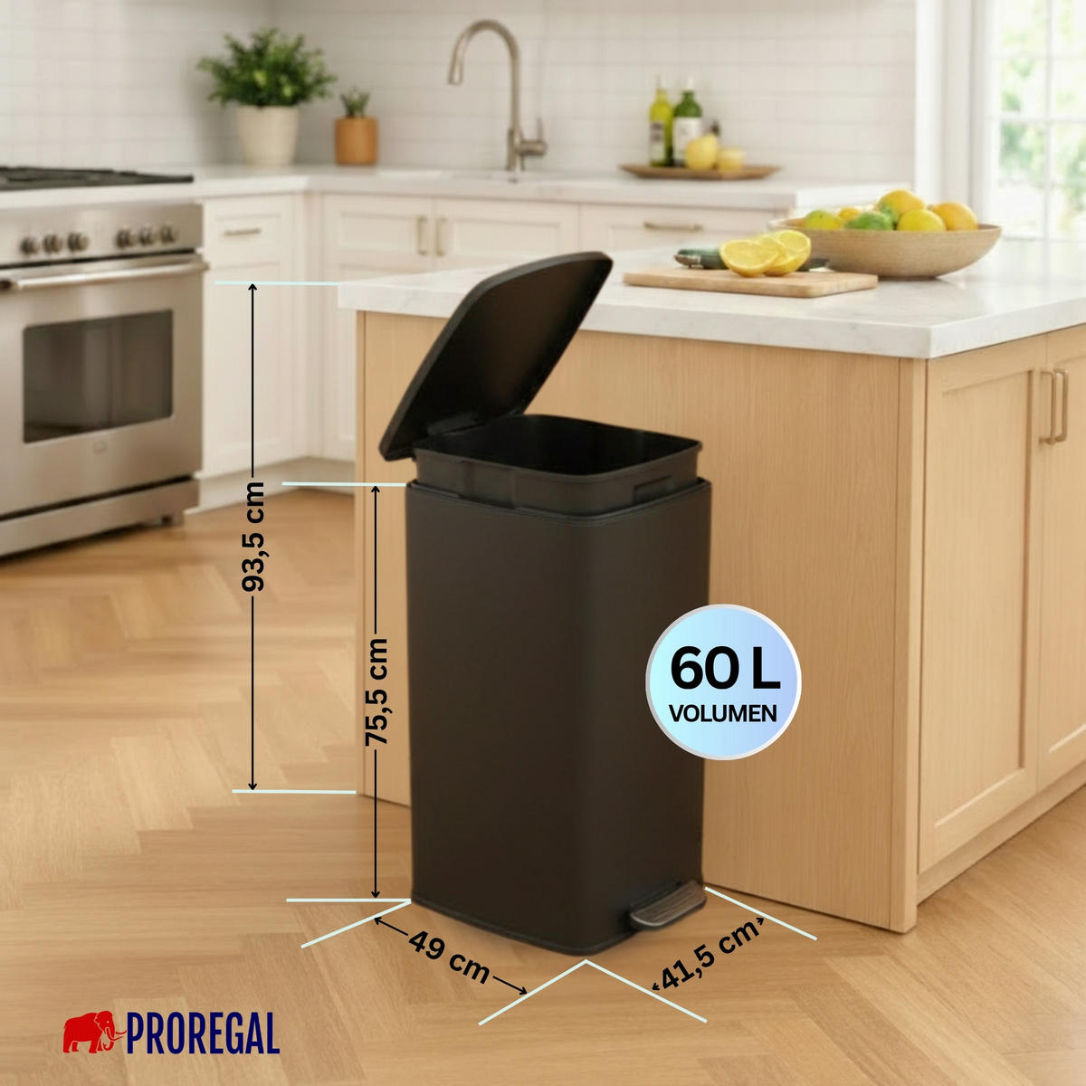 MÜLLEIMER 60 Liter mit Softclose & Fußpedal - Schwarz, Metall (41.5/75.5/49cm) - PROREGAL
