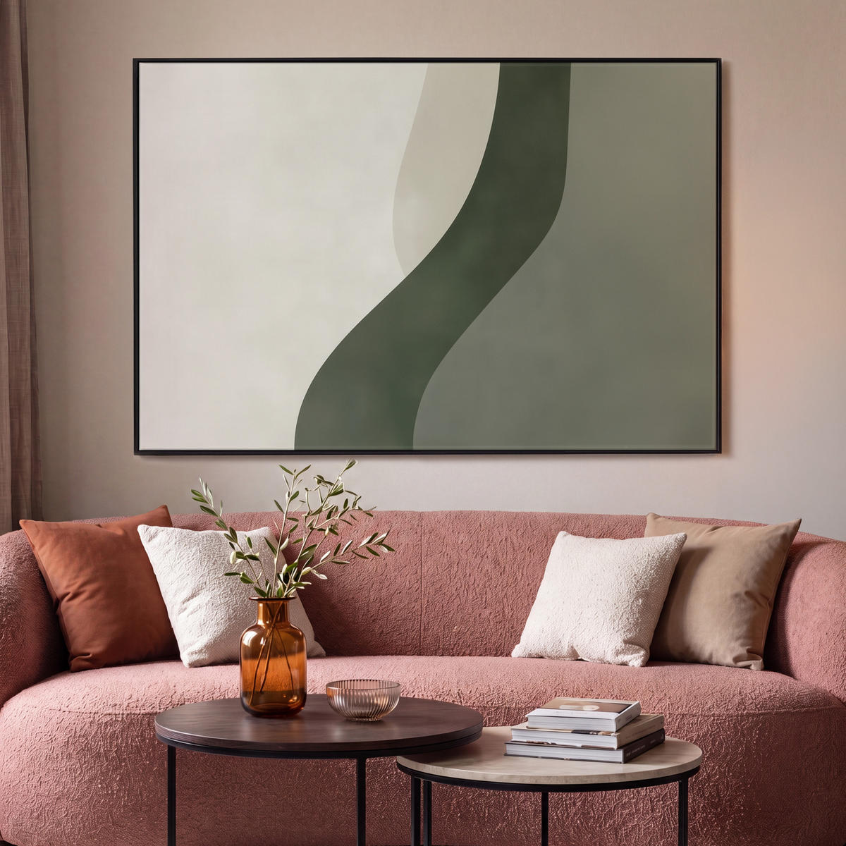 LEINWAND Bilder mit Rahmen - Japandi - Grün - Abstrakt - Modern - 140x90 - Salbeigrün, Textil (140/90cm) - MuchoWow