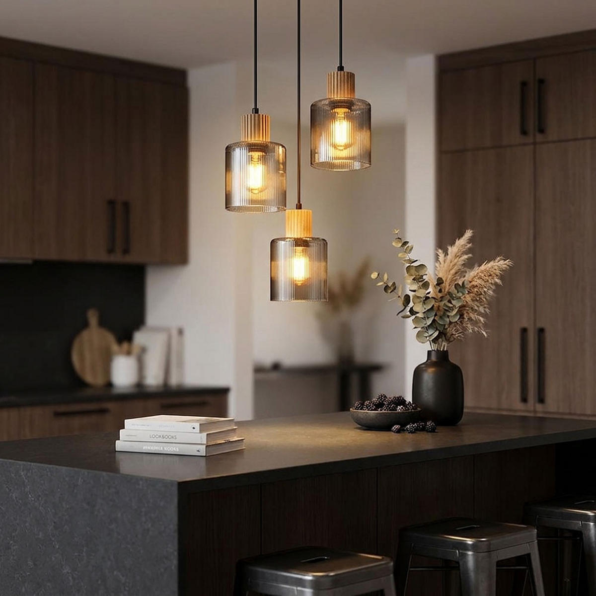 LED HÄNGELEUCHTE Metall, Rauchglas, Schwarz - Schwarz, Holz (30/30/120cm) - Globo Lighting