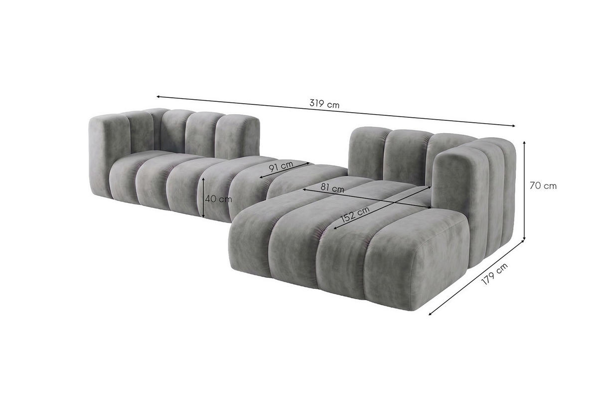 ECKSOFA Modulares In L-Form, Velvet-Stoff Riviera, Grau, Rechts, GRAND 319 cm - Grau, Holz (319/175cm) - Kaiser Möbel