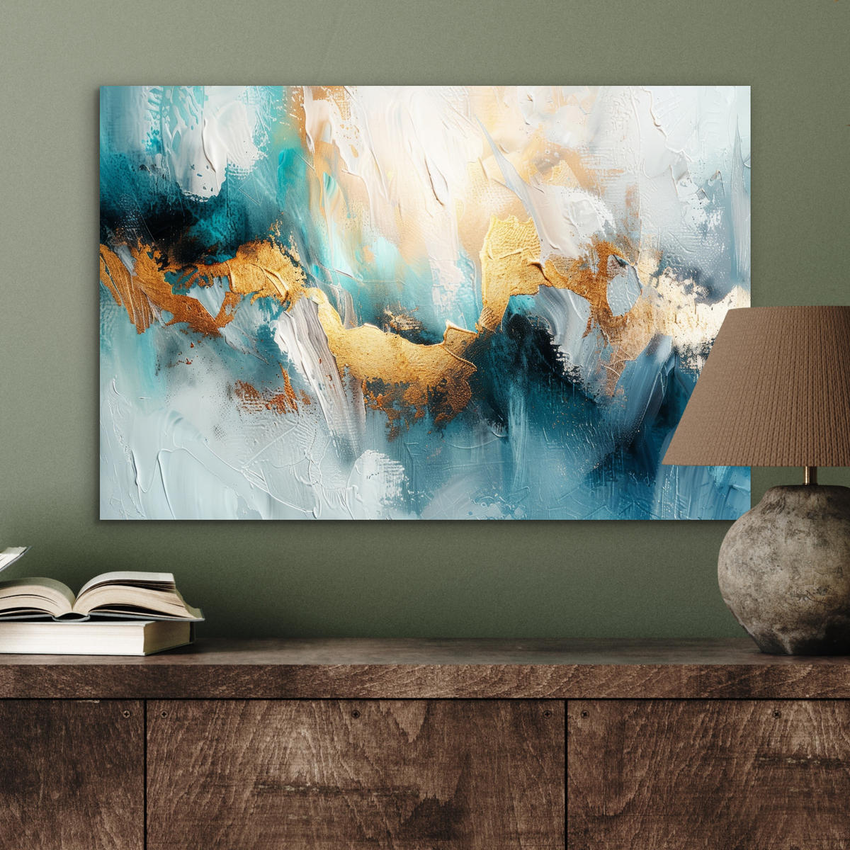 METALLBILD Abstrakt - Kunst - Gold - Blau 60x40 cm - Petrol, Metall (60/40cm) - MuchoWow