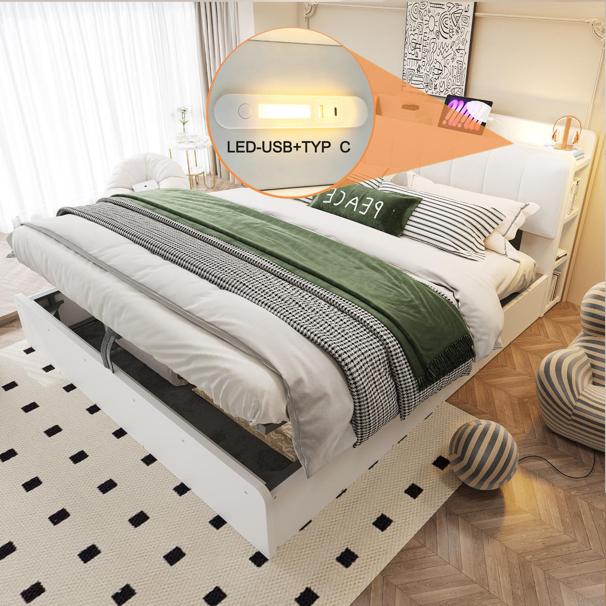 BETT 180/200 cm in Weiß mit Bettkasten, USB, Steckdose und Ablage - Weiß, Holzwerkstoff/Textil (180/200cm) - STILVORA