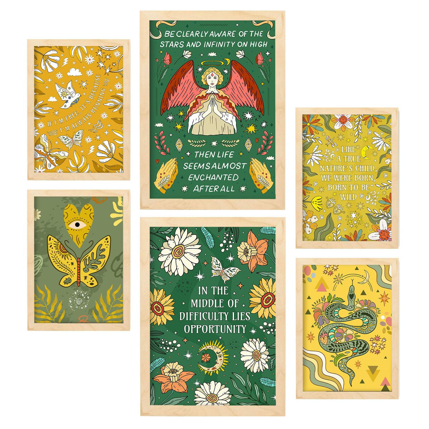 POSTER Set Mit 6 Drucken Von I'M Free In Brilliant Groovy Style Collection Dekorative Rahmen Für Zuhause Wandkunstdruck A3 & A4 Rahmen Aus Hellem Holz - Beige, Papier (29/3cm) - Nacnic