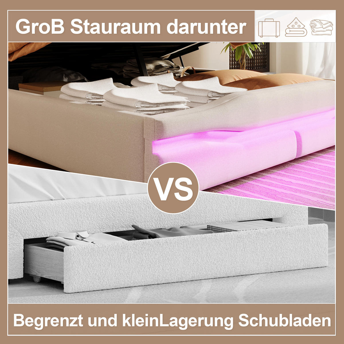 POLSTERBETT 140x200cm Beige USB-C LED-Licht Kopfteil Hydraulik - Beige, Holz (140/200cm) - FLIEKS