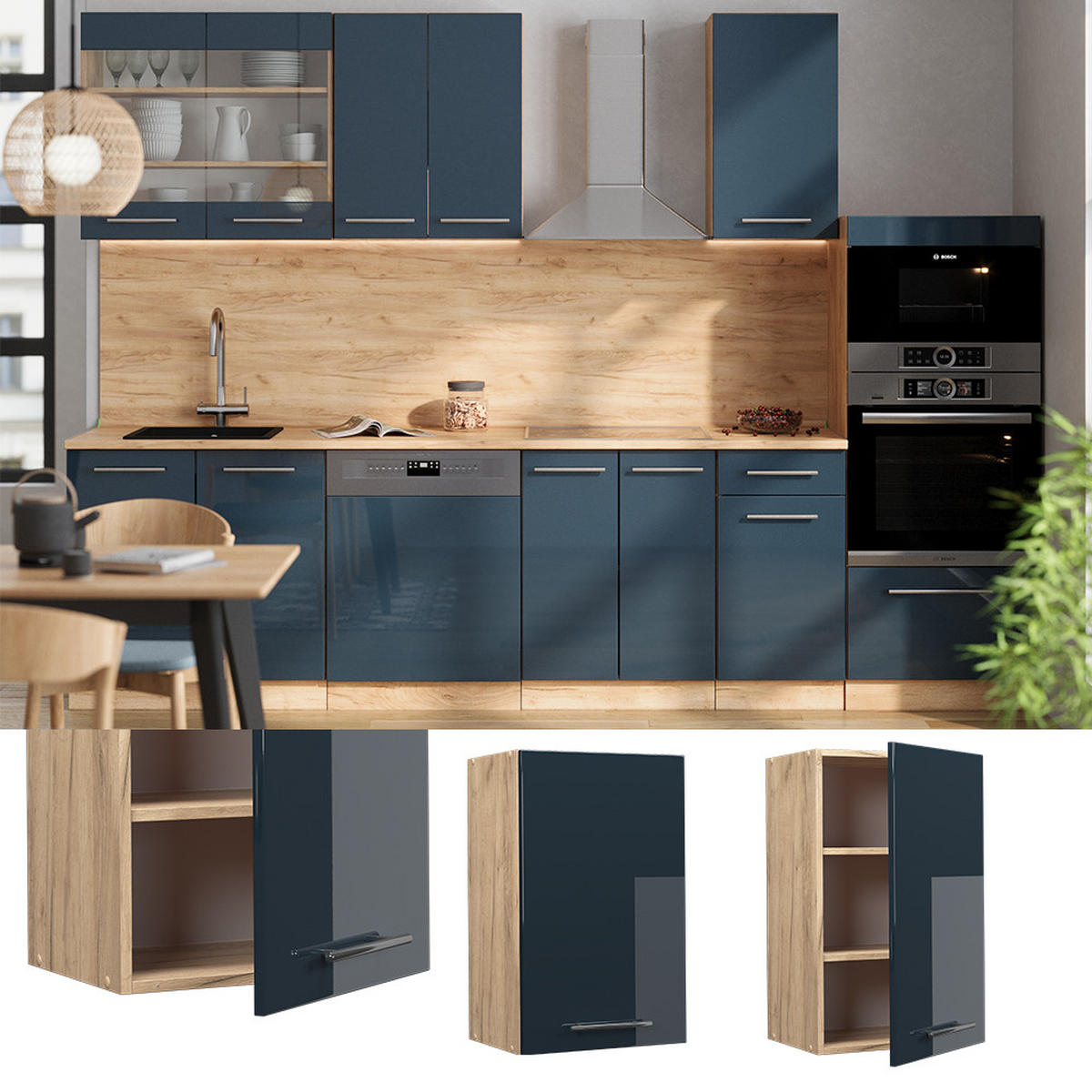 HÄNGESCHRANK Fame-Line Dunkelblau Hochglanz 45 cm - Honigeiche/Eiche Wotan, Holzwerkstoff (45/72/34.1cm) - Vicco