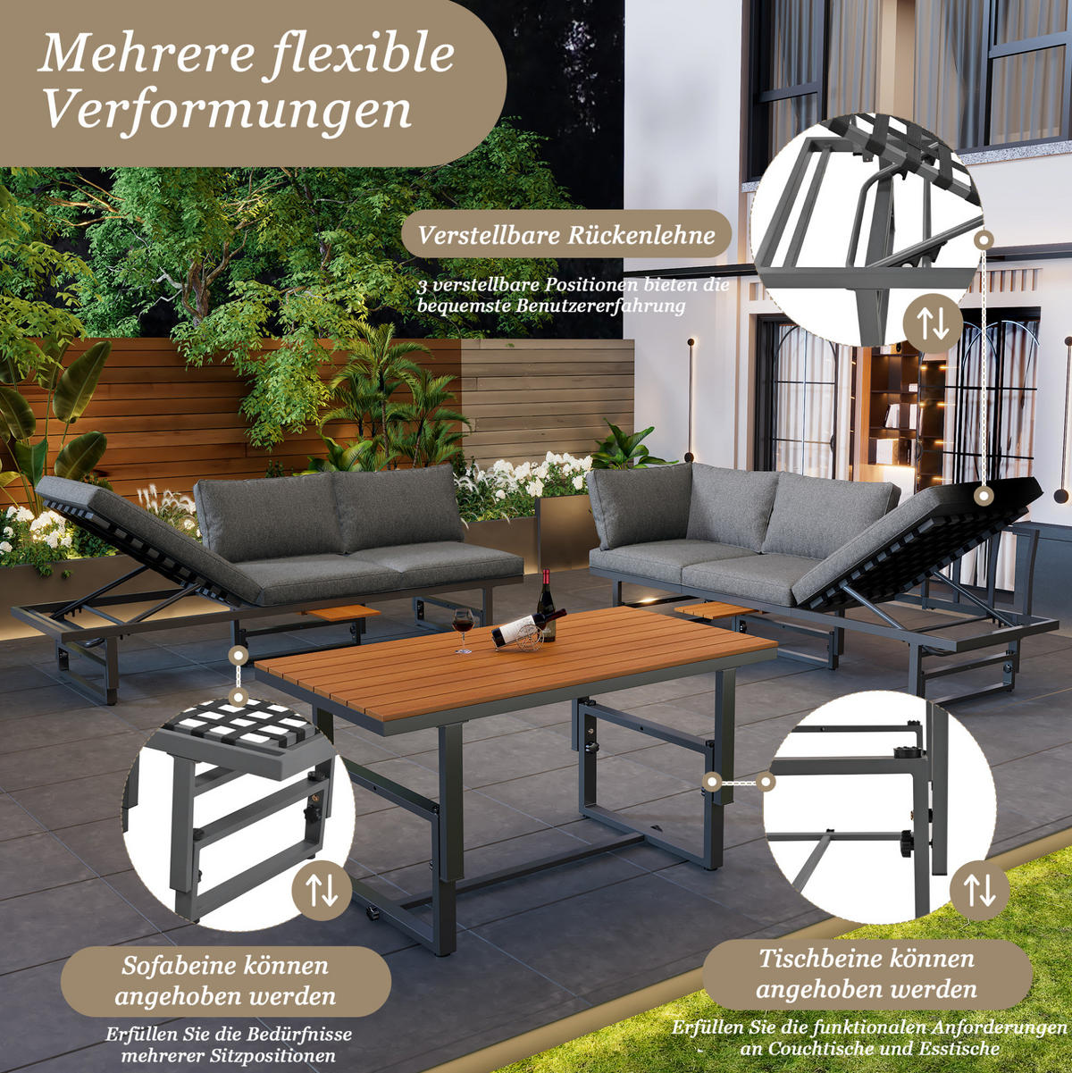 LOUNGE-SET 186/64/76 cm grau aus Eisen mit Akazienholz, verstellbar - Grau, Metall - OKWISH
