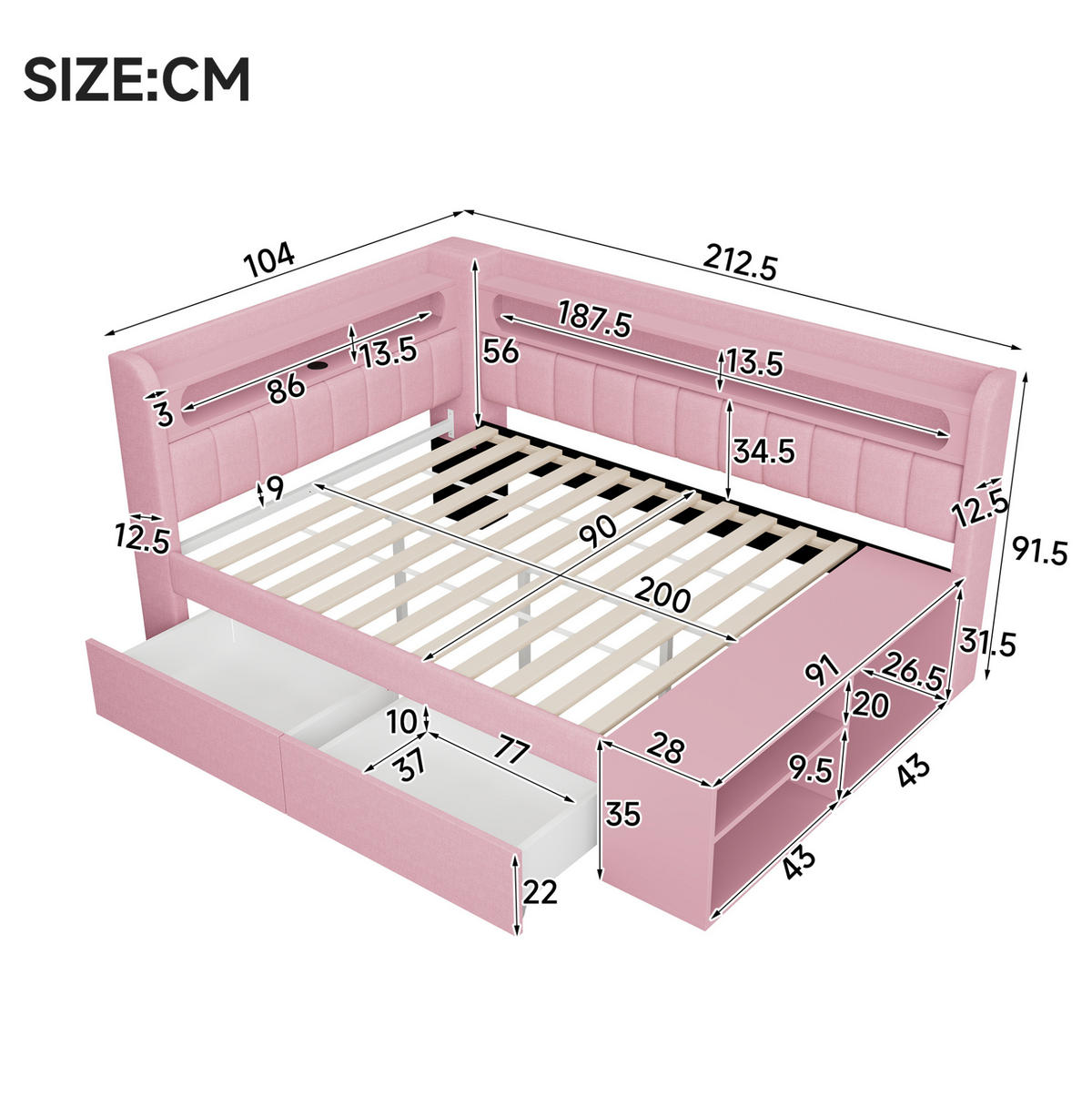 ČALÚNENÁ posteľ 90/200 cm ružová z MDF a preglejky s LED osvetlením USB a skrinkou na topánky - biela, kompozitné drevo (90/200cm) - OKWISH