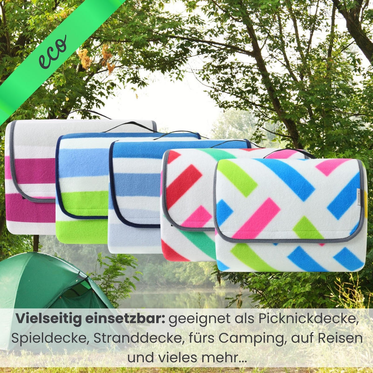 PICKNICKDECKE XXL 200x200 ecoline 100% recyceltes Fleece Grafik blau - Blau/Pink, Textil (200/200cm) - wometo