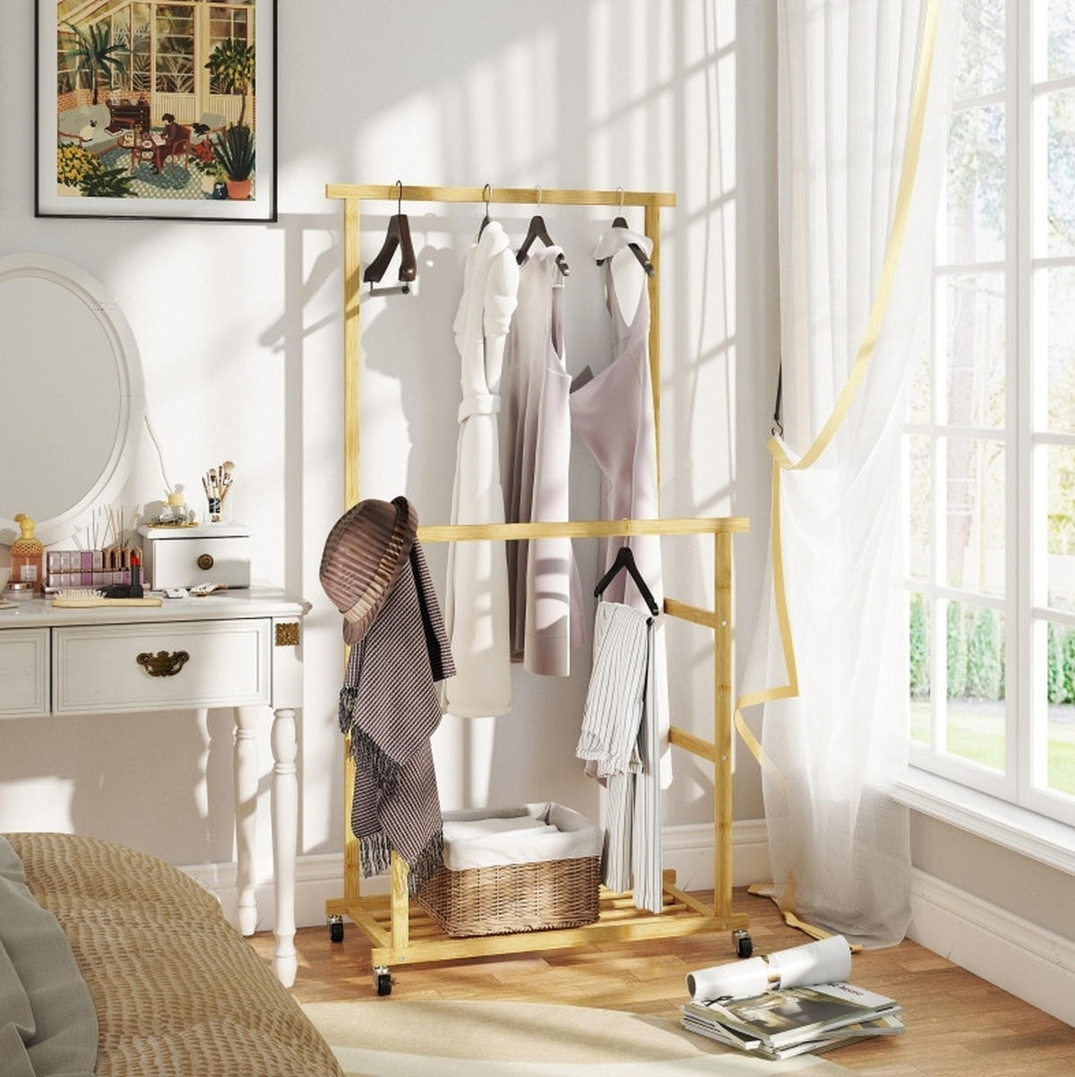 KLEIDERSTÄNDER mit Rollen 80 x 40 x 160 cm Bambus Natural Wood - Braun, Holzwerkstoff (40/160/80cm) - Beauniv
