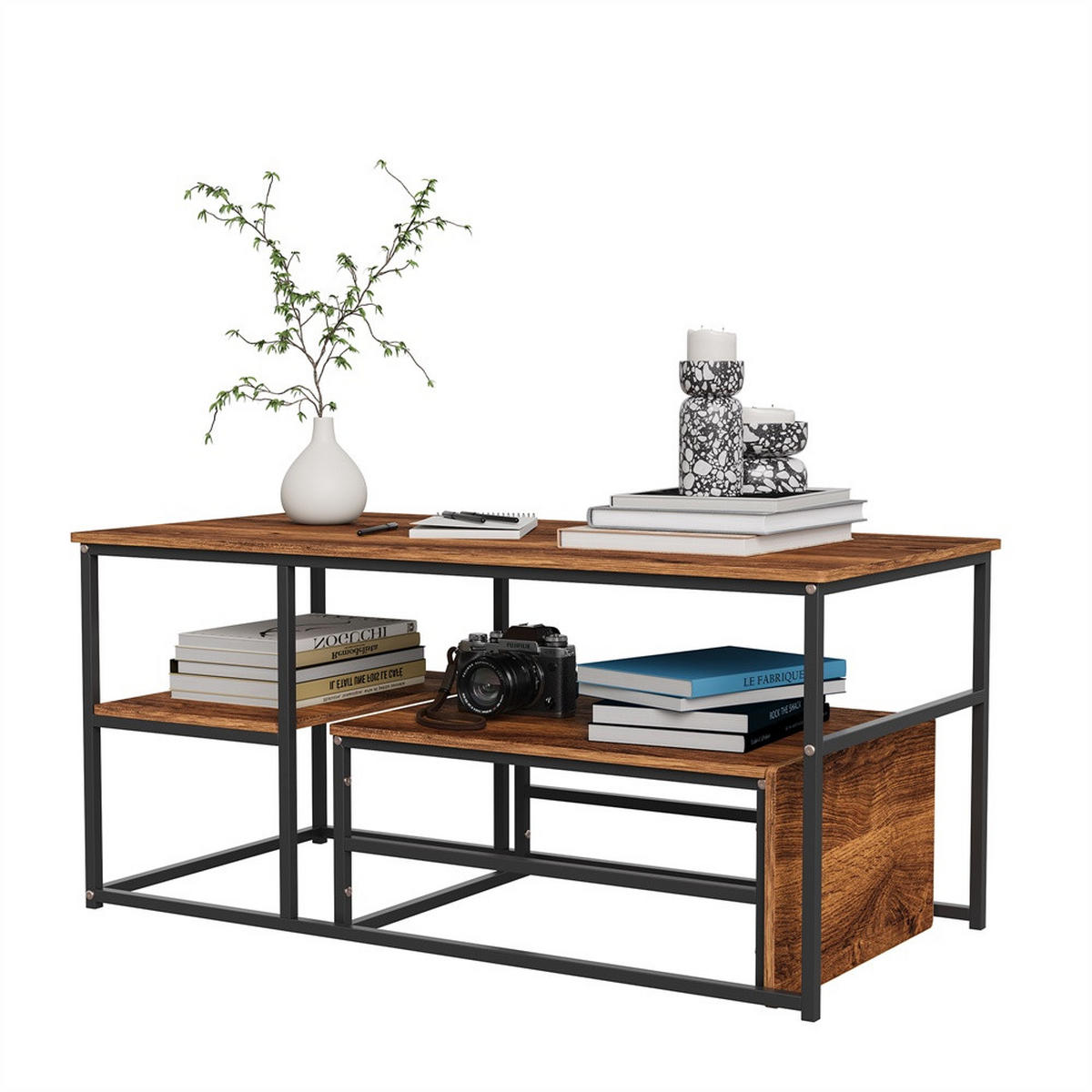 COUCHTISCH Rechteckig - Couchtisch mit Tischplatte in Holzmaserung und schwarzem Metallgestell - Braun und Schwarz - Braun, Holzwerkstoff (52/105/48.5cm) - DELFA
