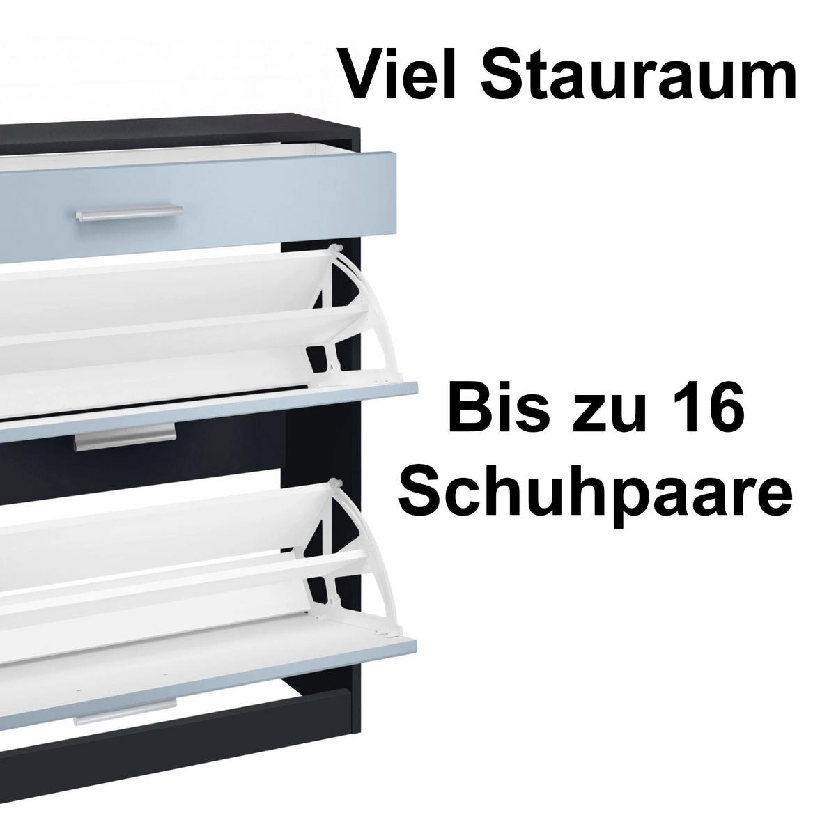 SCHUHSCHRANK Roma Schmal mit 2 Klappen und 1 Schublade, Platzsparender Schuhkipper, Schwarz/Grau Hochglanz (89 x 95,5 x 23 cm) - Grau, Holzwerkstoff (89/95.5/23cm) - InnoFurn