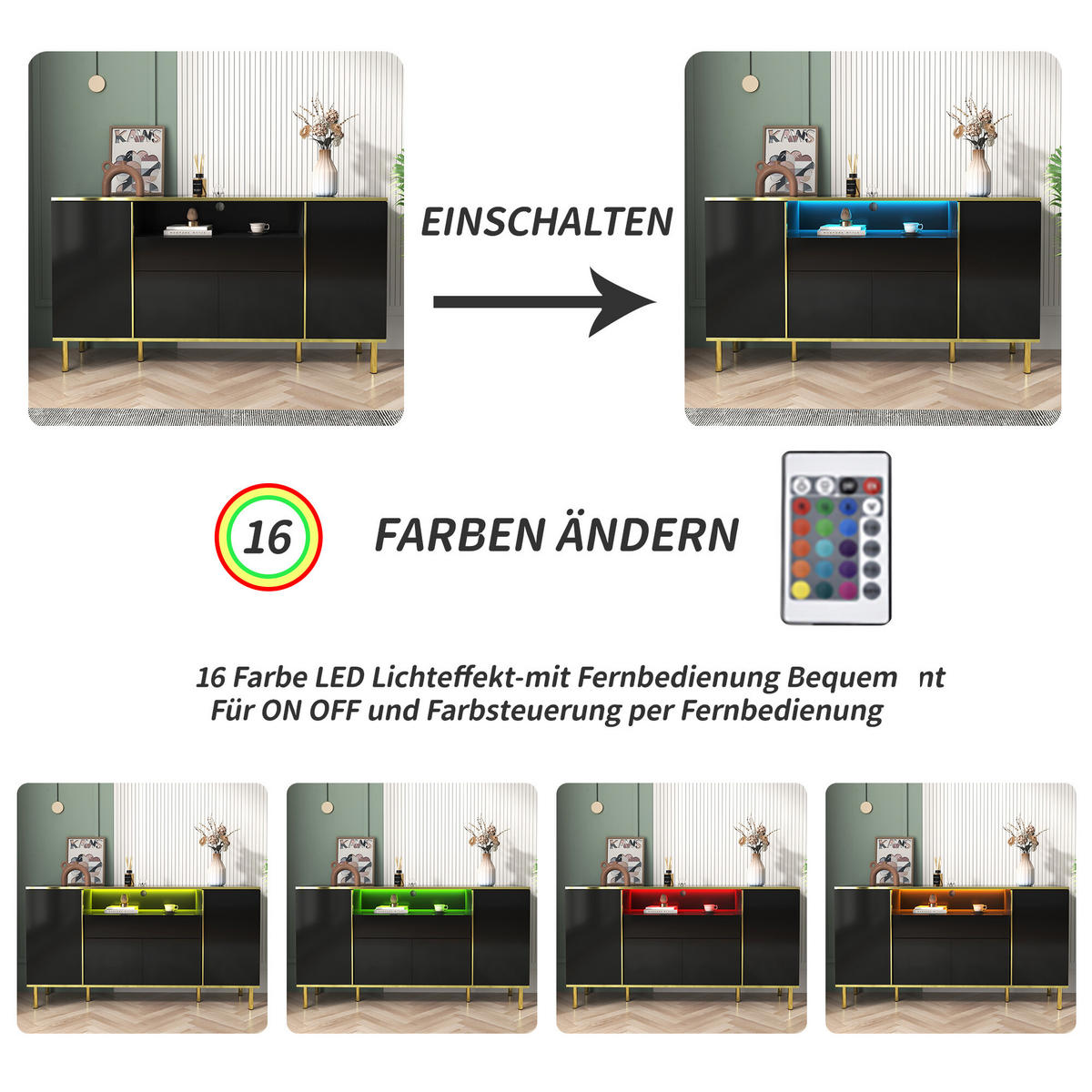 SIDEBOARD Schwarz mit LED 150/40/80 cm - Schwarz, Holzwerkstoff (40/80/150cm) - Urban Meuble