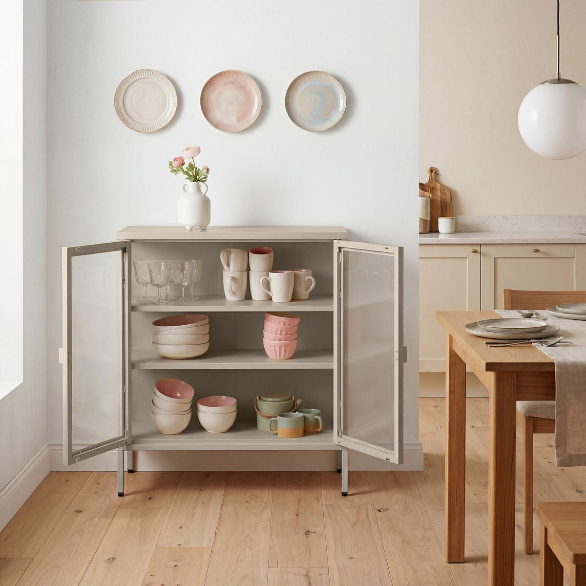 METALLVITRINE Baker, Kippschutz, höhenverstellbare Füße, taupe - Taupe, Metall (80/90.5/37cm) - tectake