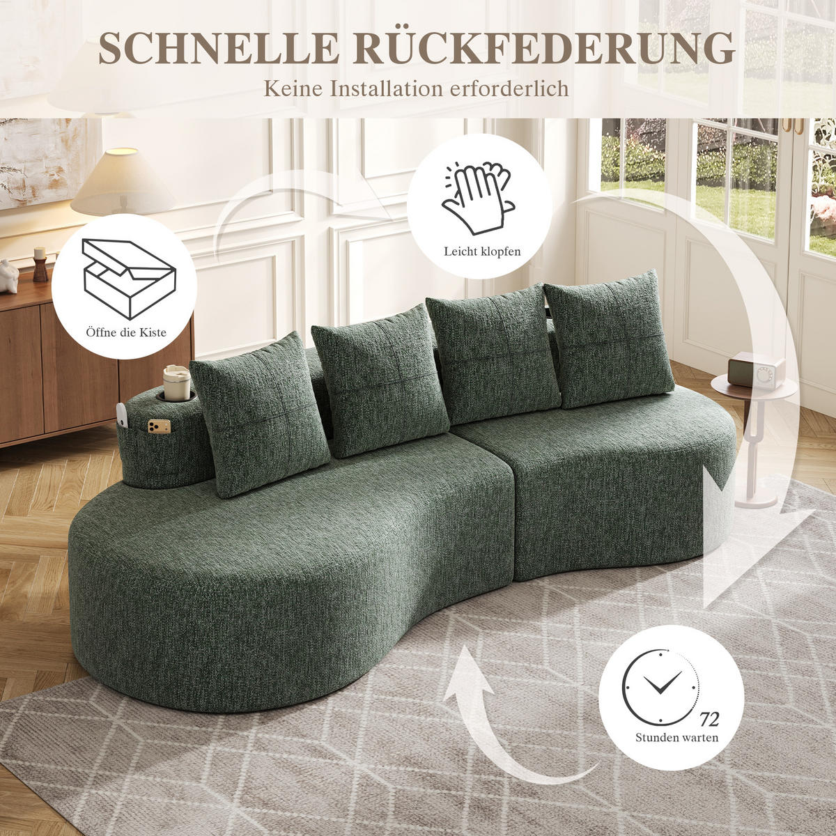 3-SITZER SOFA leinenstoff farbwahl mit getränkehalter & seitentaschen - Grün, Textil (240/63/109cm) - Urban Meuble