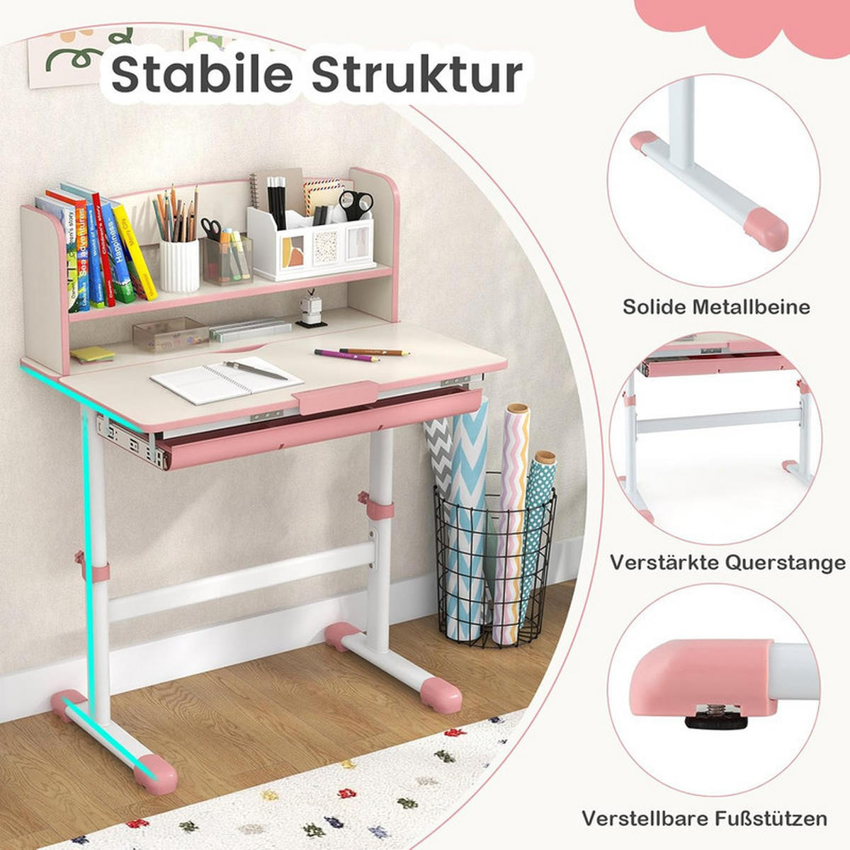 KINDERSCHREIBTISCH Höhenverstellbarer rosa - Pink, Metall (80/81.5/51cm) - COSTWAY