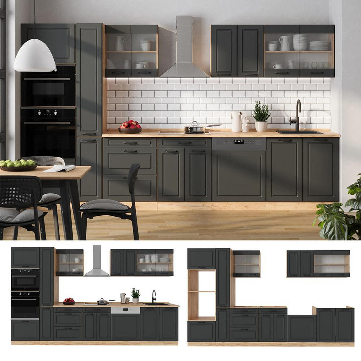 KITCHENETTE R-Line Casa de țară antracit / stejar auriu 350 cm , AP Stejar - stejar miere/antracit, compozit lemnos (350/206.8/60cm) - Vicco