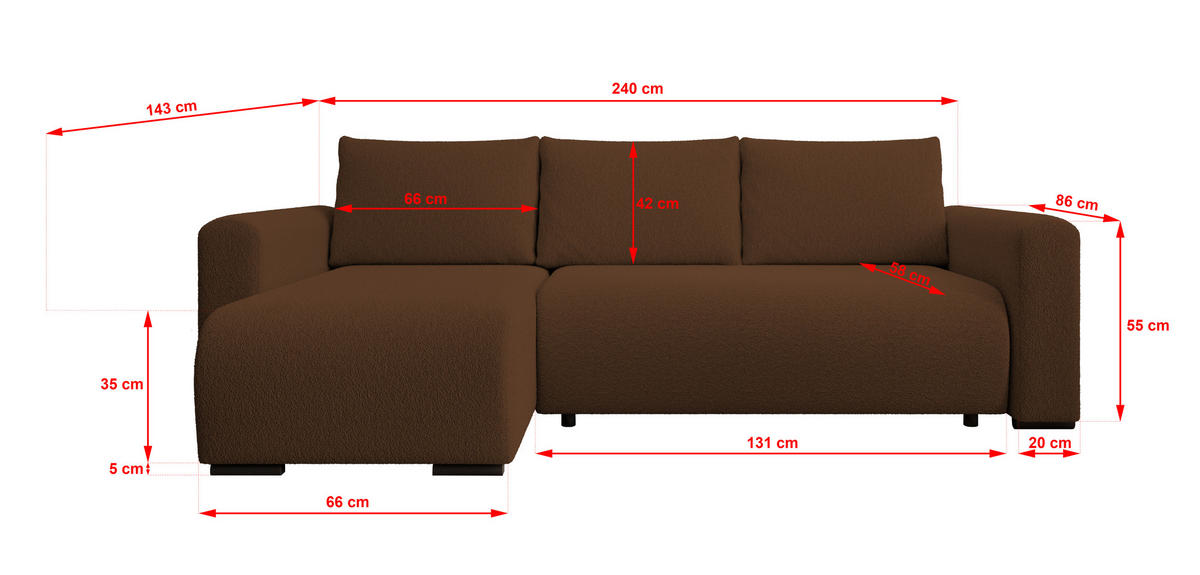 ECKSOFA DORA L, Eckcouch in L-Form mit Schlaffunktion und Bettkasten, Farbe: Braun, Bouclé-Stoff, Ottomane Links - Braun, Textil (240/143cm) - Storez24