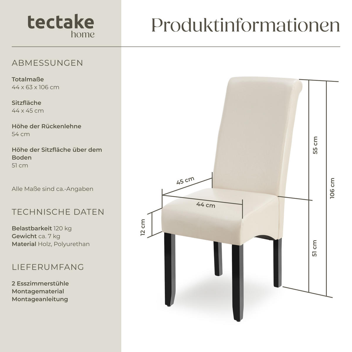 ESSZIMMERSTUHL 2er Set 44 x 63 x 106 cm creme - Creme, Textil (44/106/45cm) - tectake