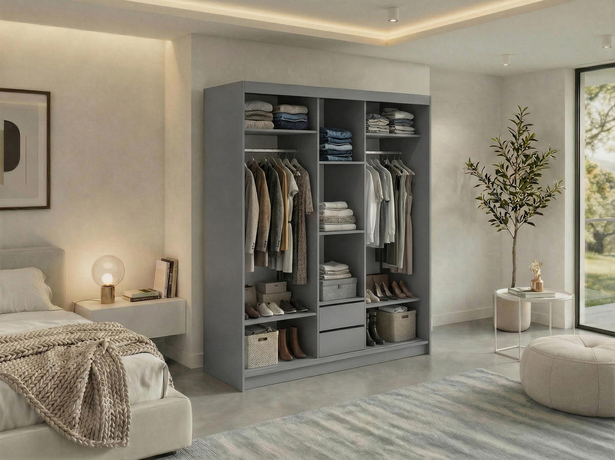 SCHWEBETÜRENSCHRANK mit Spiegel und Schubladen LAOS - 180 - Grau - Weiß Lamellen - Alufarben/Weiß, Holzwerkstoff/Metall (180/216/61cm) - MKS